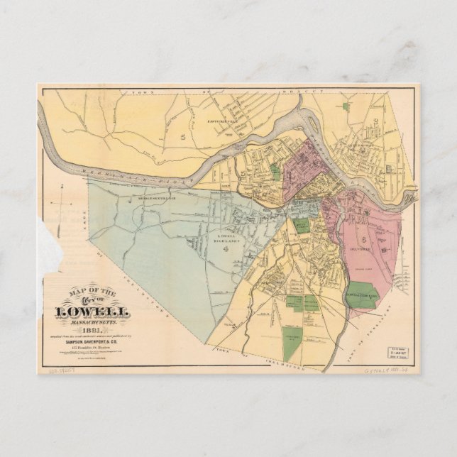Postal Mapa de Lowell, Massachusets (1881) (Anverso)