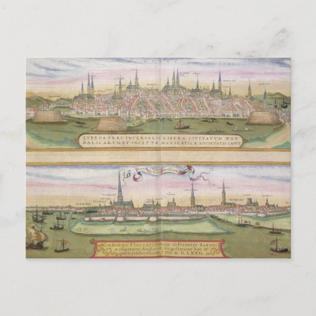 Postal Mapa de Lubeck y Hamburgo, de 'Civitates Orbis T (Anverso)