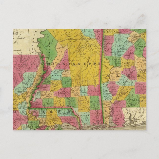 Postal Mapa de Luisiana, Misisipi y Alabama (Anverso)