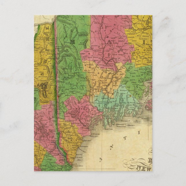 Postal Mapa de Maine, New Hampshire y Vermont (Anverso)