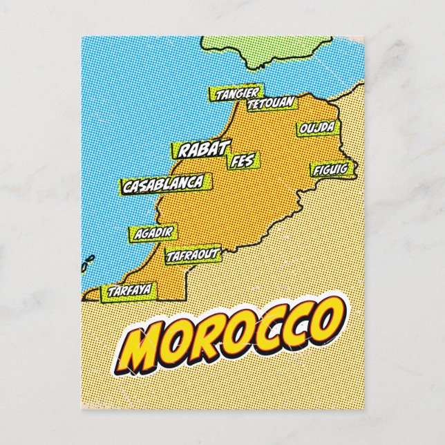Postal Mapa de Marruecos ilustrado con arte pop (Anverso)