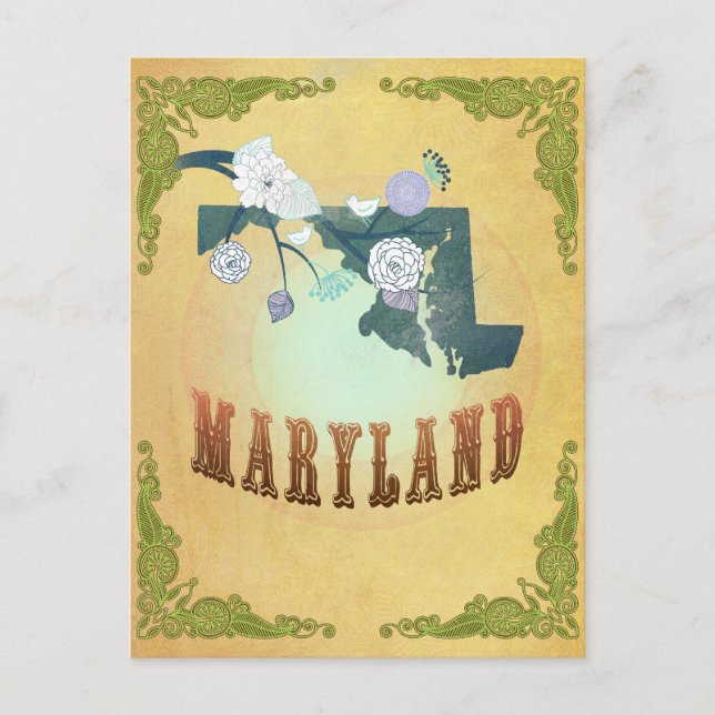 Postal Mapa de Maryland con aves encantadoras (Anverso)