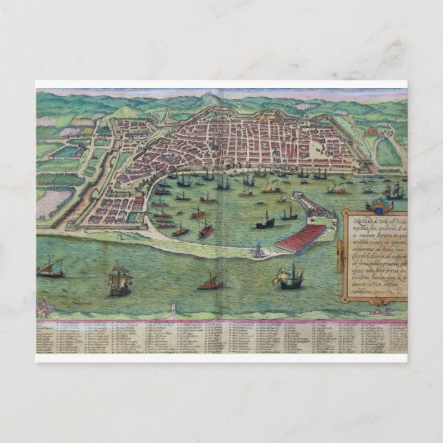 Postal Mapa de Messina, de 'Civitates Orbis Terrarum' por (Anverso)