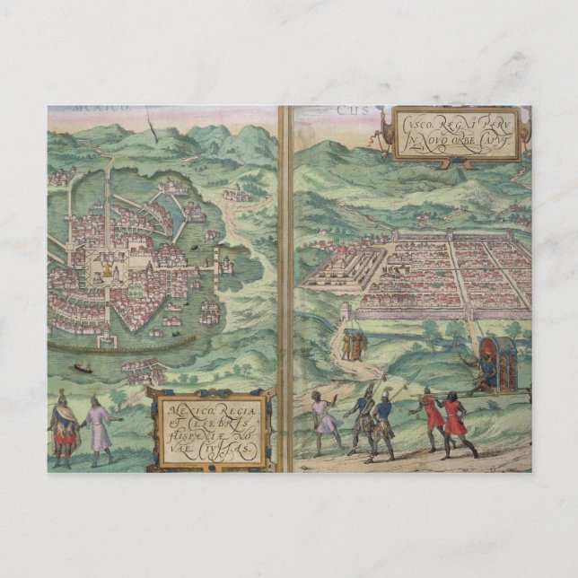 Postal Mapa de México y Cusco, de 'Civitates Orbis Ter (Anverso)