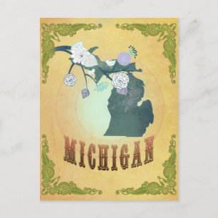 Postal Mapa de Michigan con adorables aves