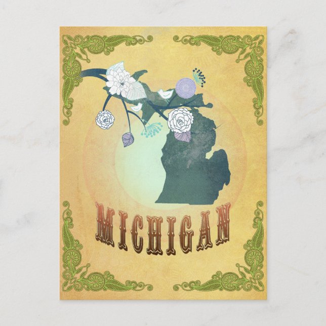 Postal Mapa de Michigan con adorables aves (Anverso)