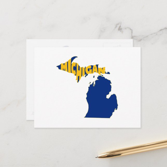 Postal Mapa de Michigan con forma de palabra Arte Wolveri (Anverso/Reverso In Situ)