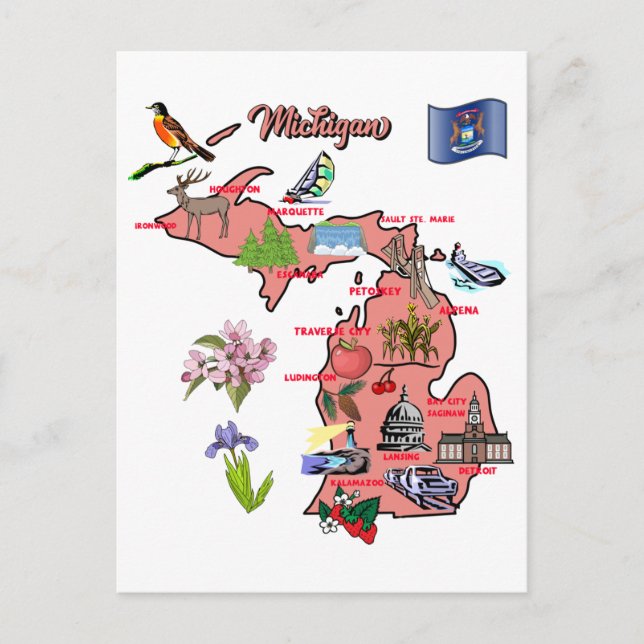 Postal Mapa de Michigan con las principales ciudades (Anverso)