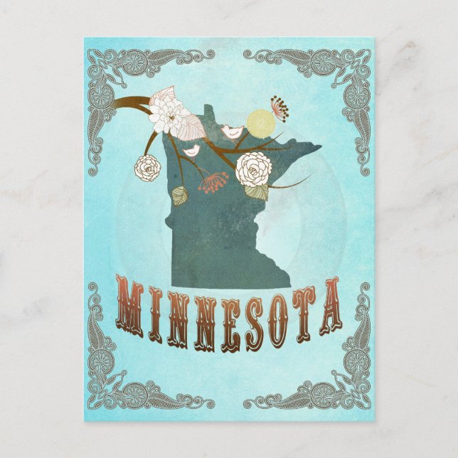 Postal Mapa de Minnesota con hermosas aves (Anverso)