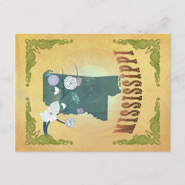 Postal Mapa de Mississippi con hermosos pájaros (Anverso)