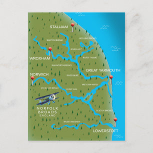 Postal Mapa de Norfolk Broads Inglaterra.