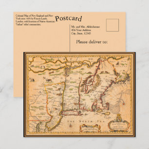 Postal Mapa de Nueva Inglaterra del siglo XVII Asentamien