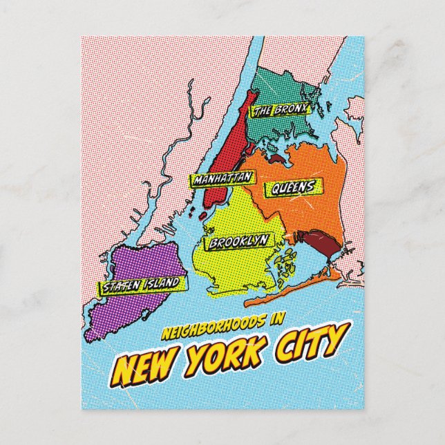 Postal Mapa de Nueva York ilustrado con arte pop (Anverso)