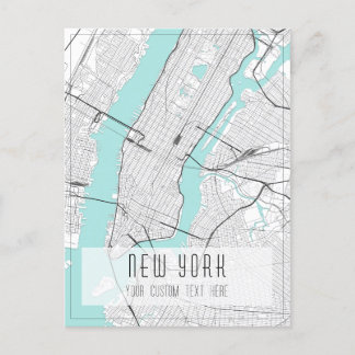 Postal Mapa de Nueva York, negro, blanco y azul