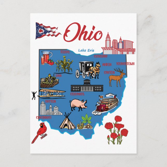 Postal Mapa de Ohio con las principales ciudades Destinos (Anverso)