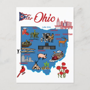 Postal Mapa de Ohio con principales destinos turísticos