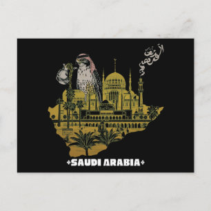Postal Mapa de oro de halcón y mezquita de Arabia Saudita