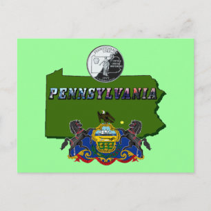 Postal Mapa de Pennsylvania, cuarto, bandera y texto de i