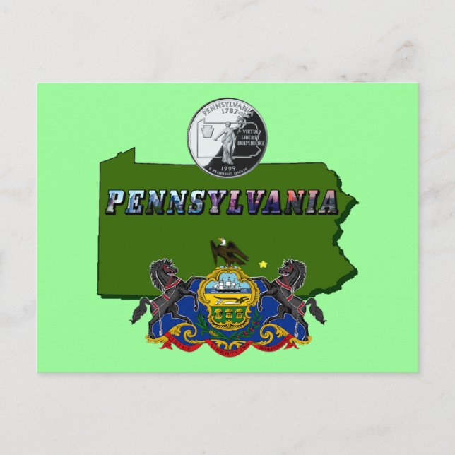 Postal Mapa de Pennsylvania, cuarto, bandera y texto de i (Anverso)