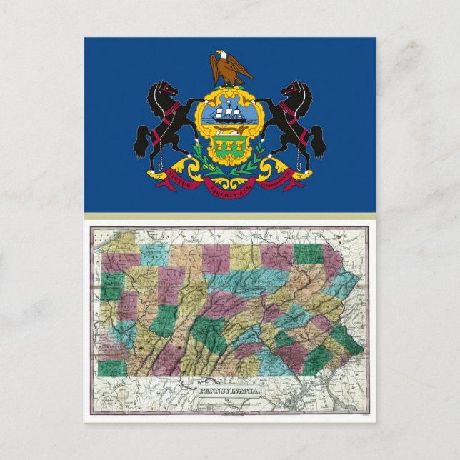 Postal Mapa de Pensilvania y bandera estatal (Anverso)