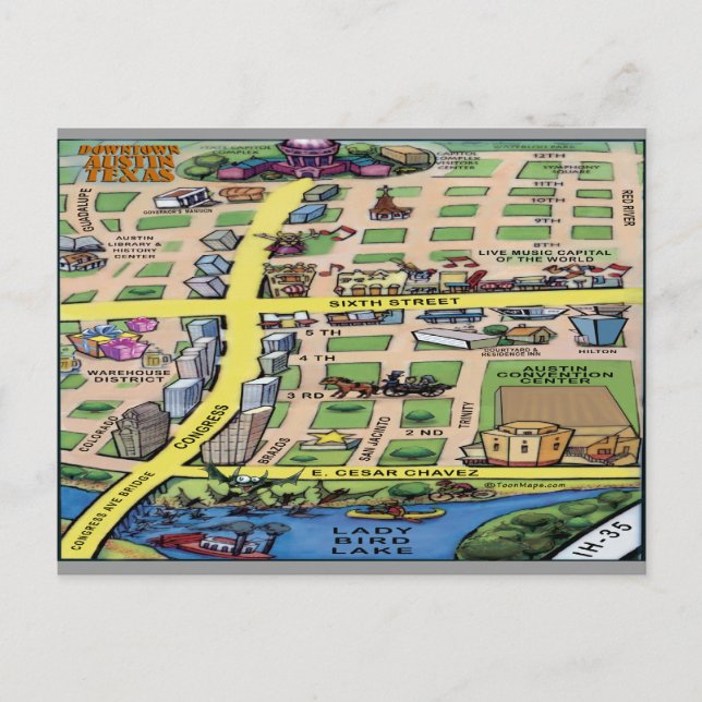 Postal Mapa de Personalizados del centro de Austin Texas (Anverso)