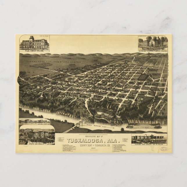 Postal Mapa de perspectiva de Tuskaloosa Alabama (1887) (Anverso)