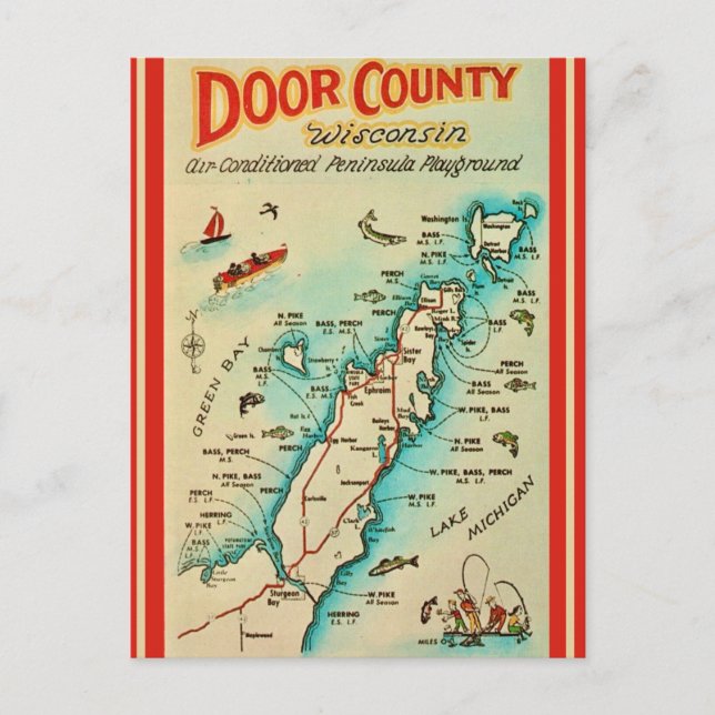 Postal Mapa de pesca del condado de Old Door (Anverso)