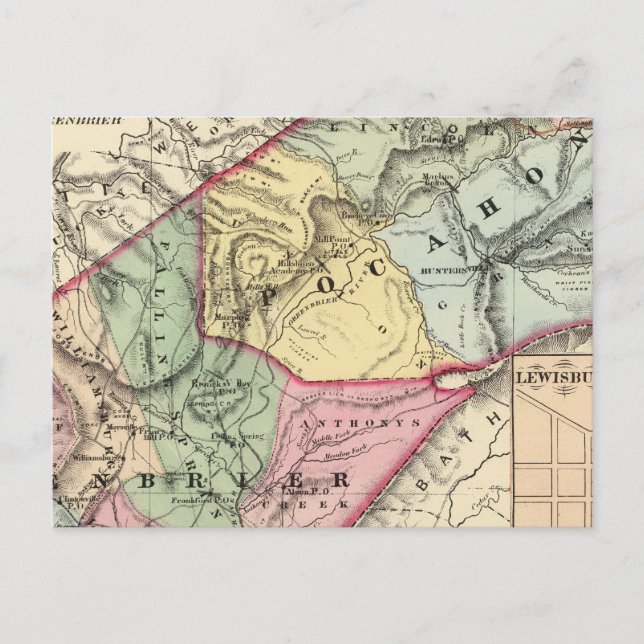 Postal Mapa de Pocohontas, condados de Greenbrier (Anverso)