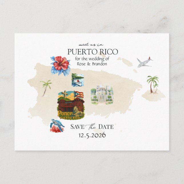 Postal Mapa de Puerto Rico Boda de destino Guardar fecha (Anverso)