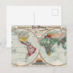 Postal Mapa de Religiones Misioneras Mundiales Antiguo de