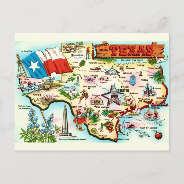 Postal Mapa de saludo de Texas (Anverso)