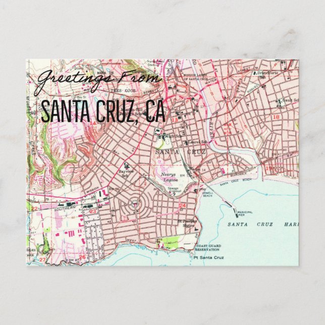 Postal Mapa de Santa Cruz CA 1955 (Anverso)