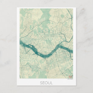 Postal Mapa de Seúl Azul Acuarela Vintage