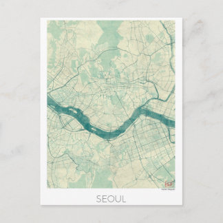 Postal Mapa de Seúl Azul Acuarela Vintage