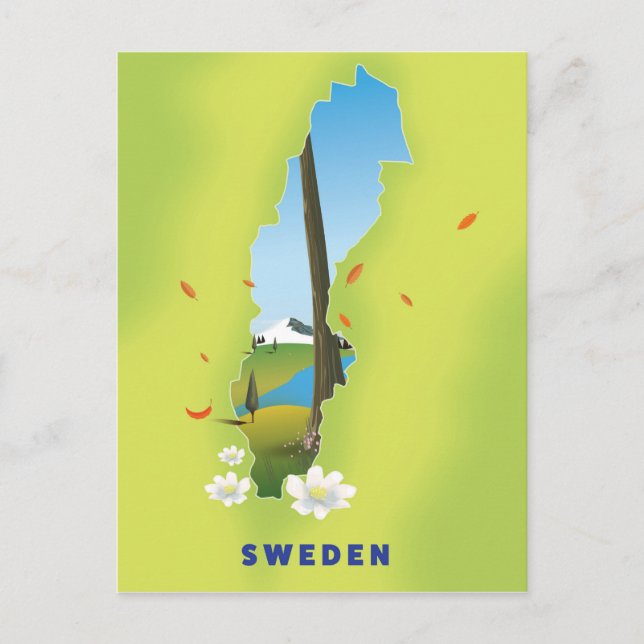 Postal Mapa de Suecia ilustrado afiche de viajes. (Anverso)