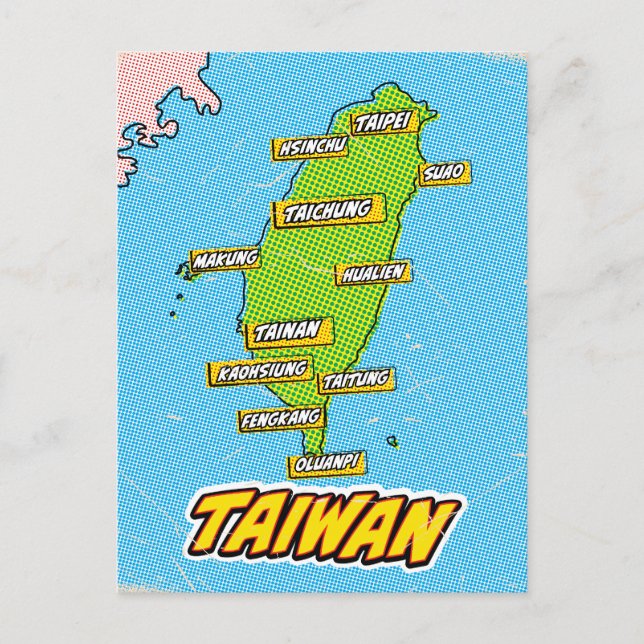 Postal Mapa de Taiwan ilustrado por arte pop (Anverso)