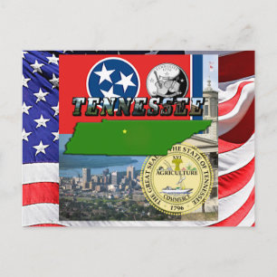 Postal Mapa de Tennessee, Bandera, Sello del Estado y Fot