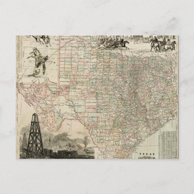 Postal Mapa de Texas con fronteras del condado (Anverso)