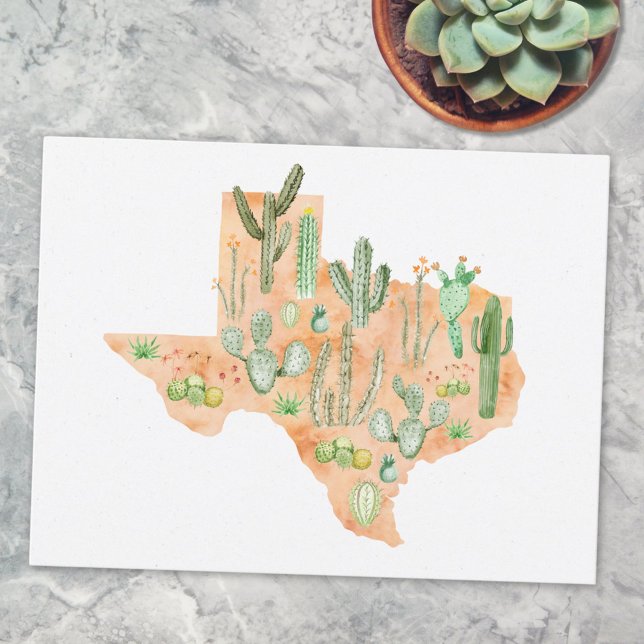Postal Mapa de Texas de Cactus con Ilustración en Acuarel (Close up)
