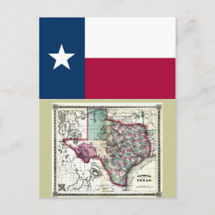 Postal Mapa de Texas y bandera del estado