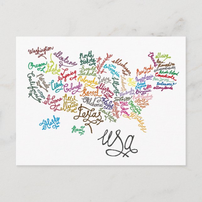 Postal Mapa de texto de guiones de Estados Unidos de Amér (Anverso)