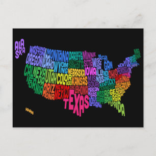 Postal Mapa de texto de tipografía de Estados Unidos