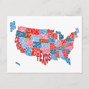 Postal Mapa de texto de tipografía de Estados Unidos