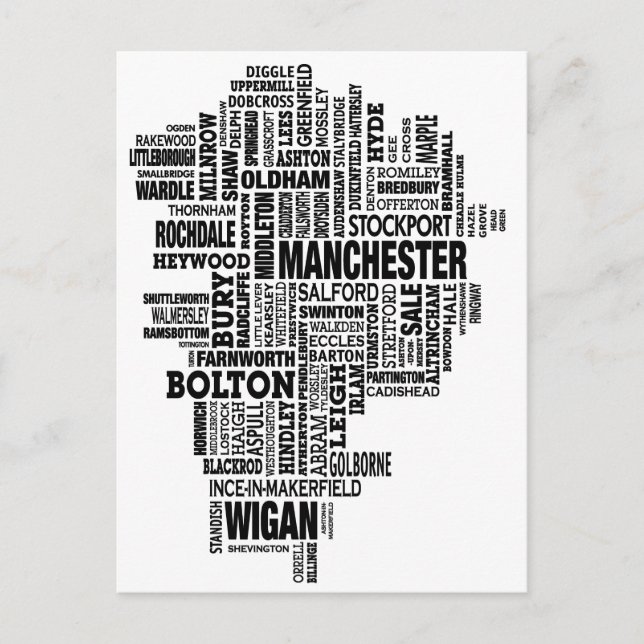 Postal Mapa de tipo negro del Gran Manchester (Anverso)