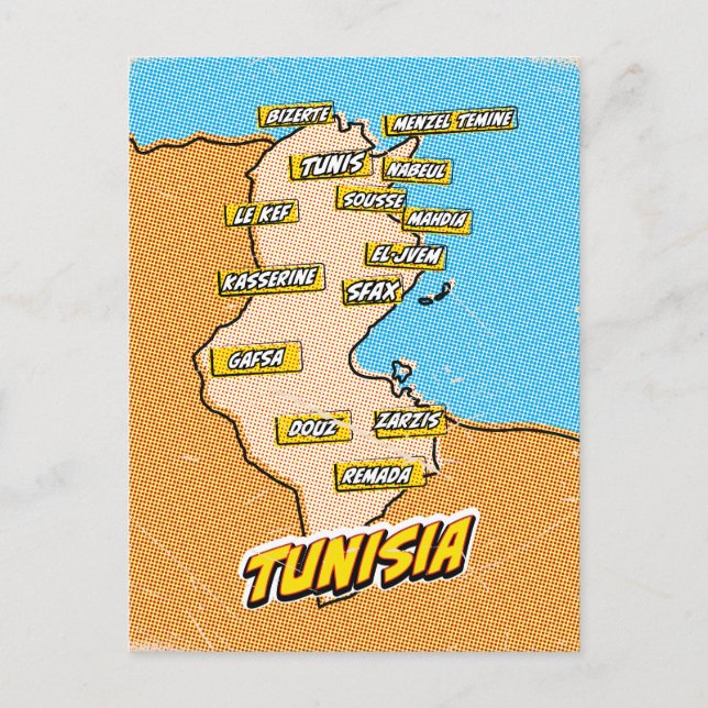 Postal Mapa de Túnez ilustrado con arte pop (Anverso)