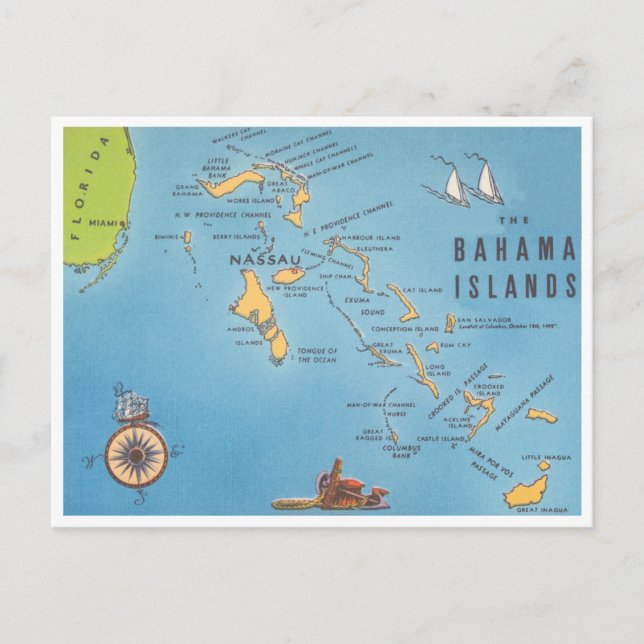 Postal Mapa de turismo de las Islas Bahama (Anverso)