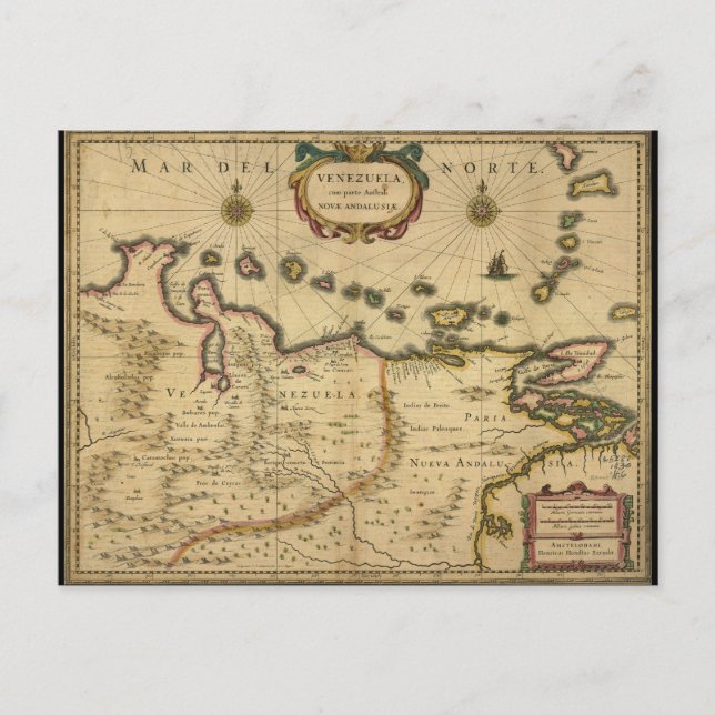 Postal Mapa de Venezuela por Hendrik Hondius (1630) (Anverso)