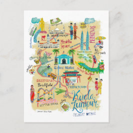Postal Mapa de viaje amarillo ilustrado de Kuala Lumpur