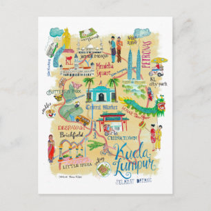 Postal Mapa de viaje amarillo ilustrado de Kuala Lumpur
