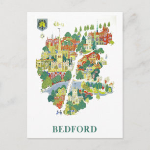 Postal Mapa de viaje antiguo de Bedford, Inglaterra
